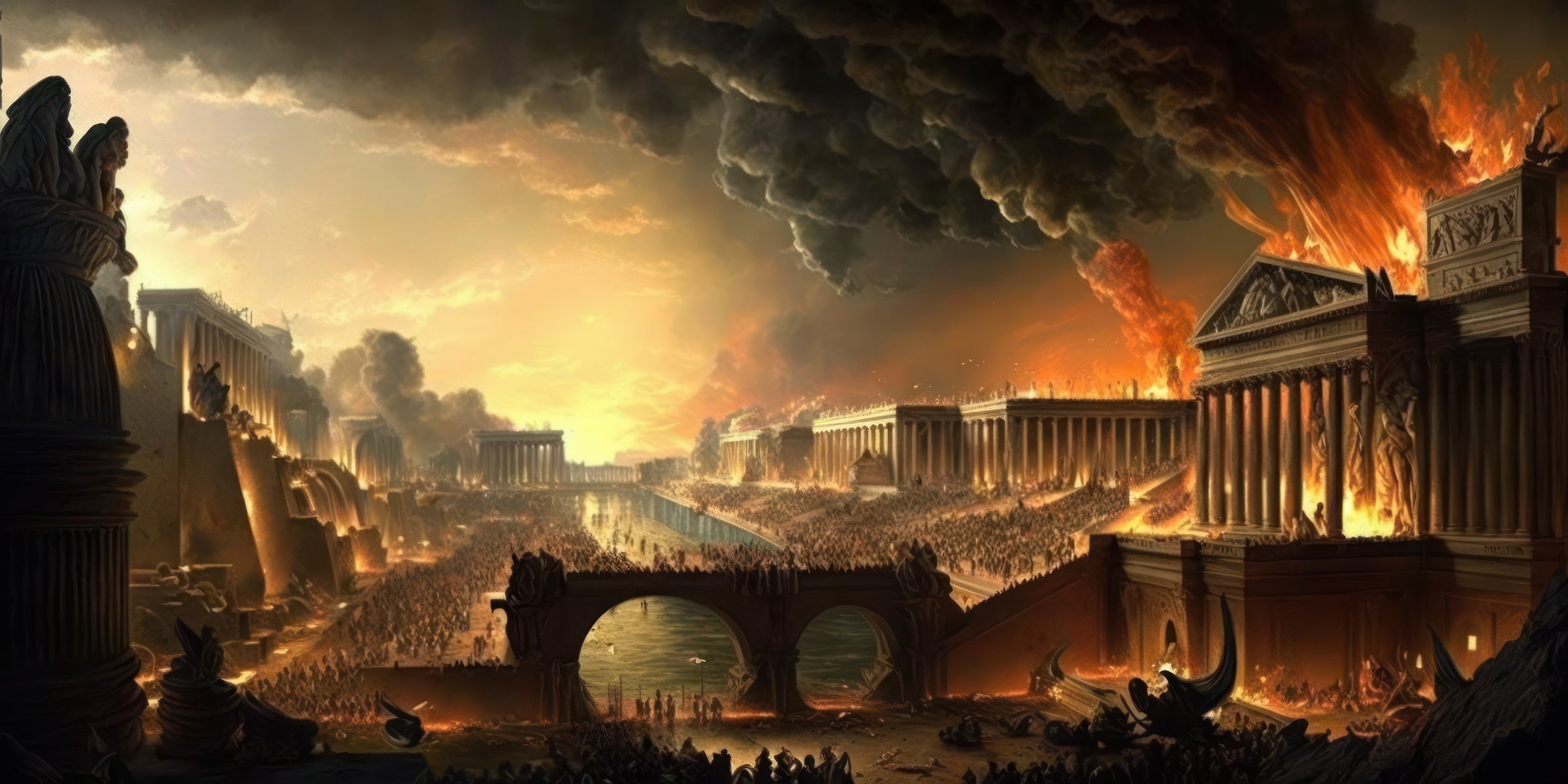 Image of Rome burning, with smoke billowing into the air. Stealth Chess®