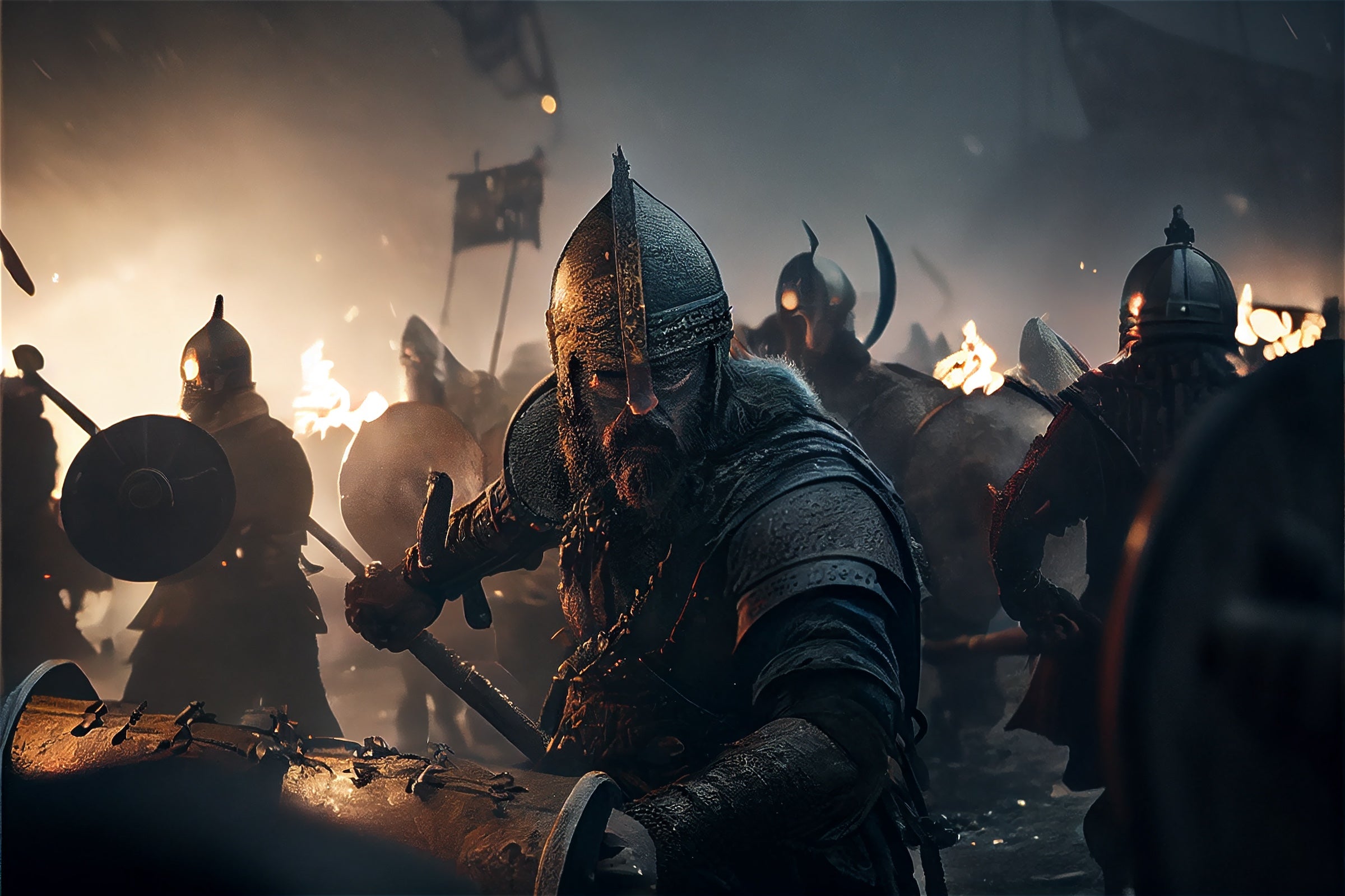 Knight holding sword and starting at the camera, while warriors battle in the background. Stealth Chess®