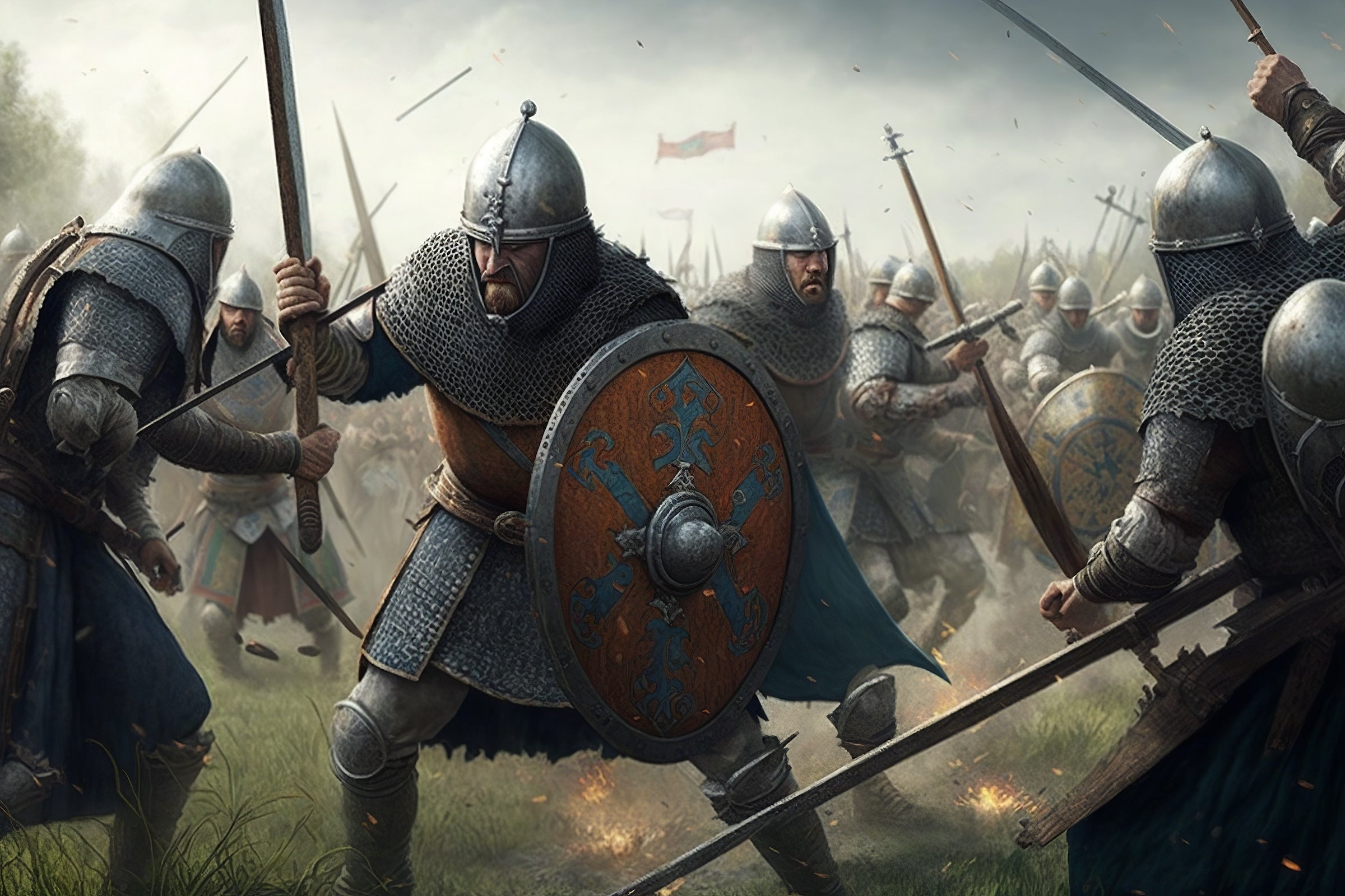 Knights with swords, shields, helmets and chainmail on the battlefield battling. Stealth Chess®