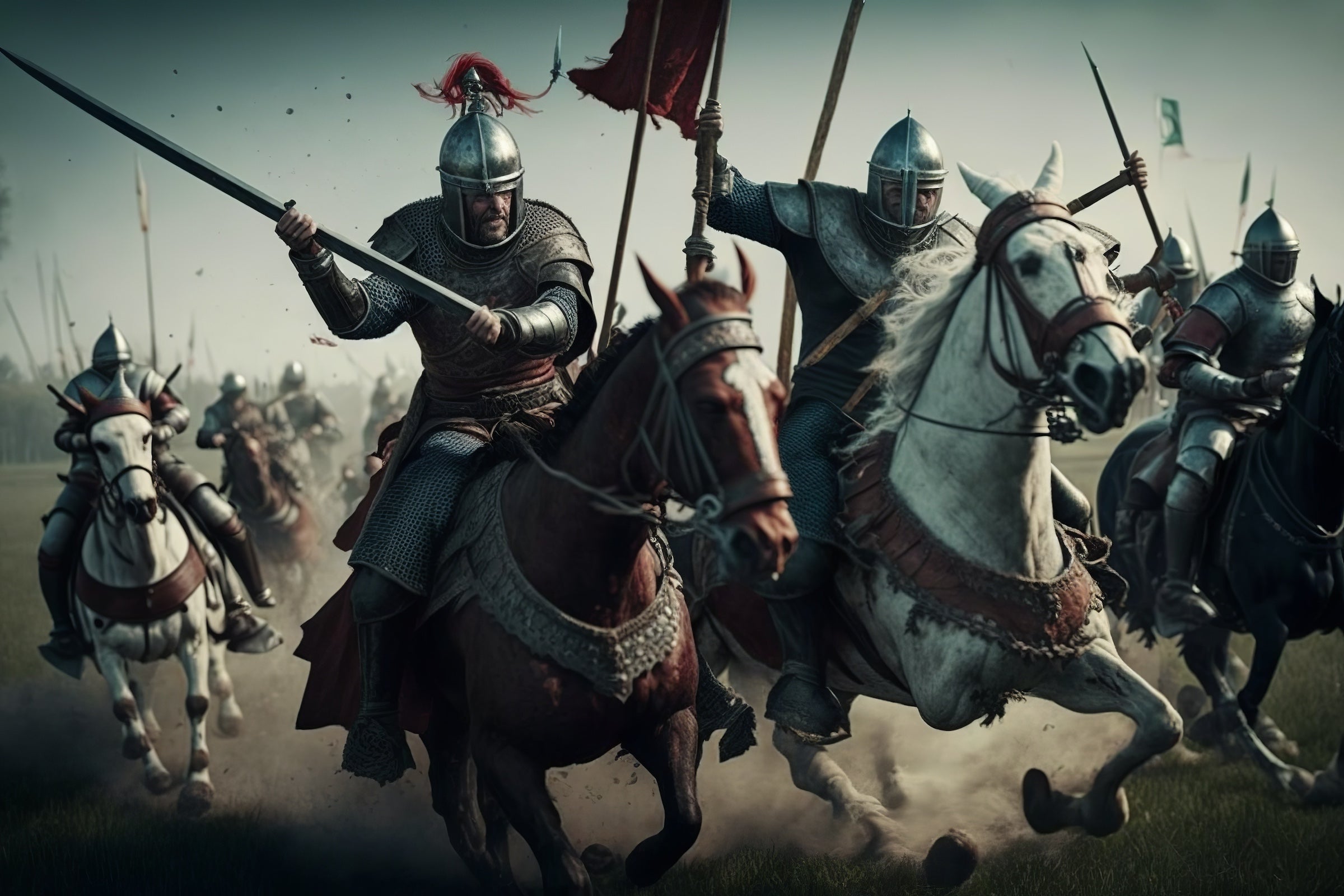 Knights on horseback riding with swords and spears and flags. Stealth Chess®
