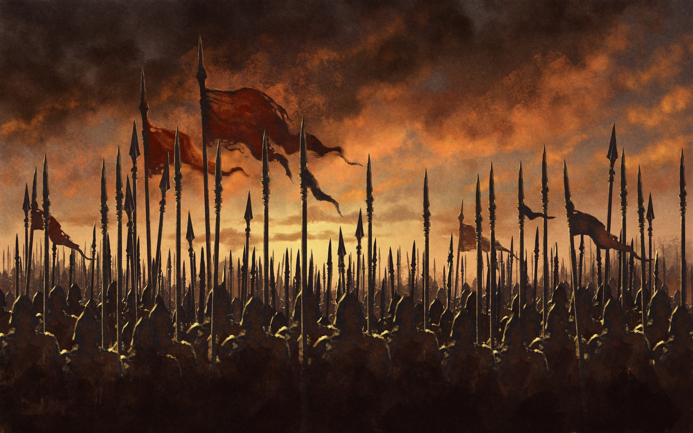 Knights lined up in battle formation, holding flags and spears, with a red smoky sky backdrop. Stealth Chess®