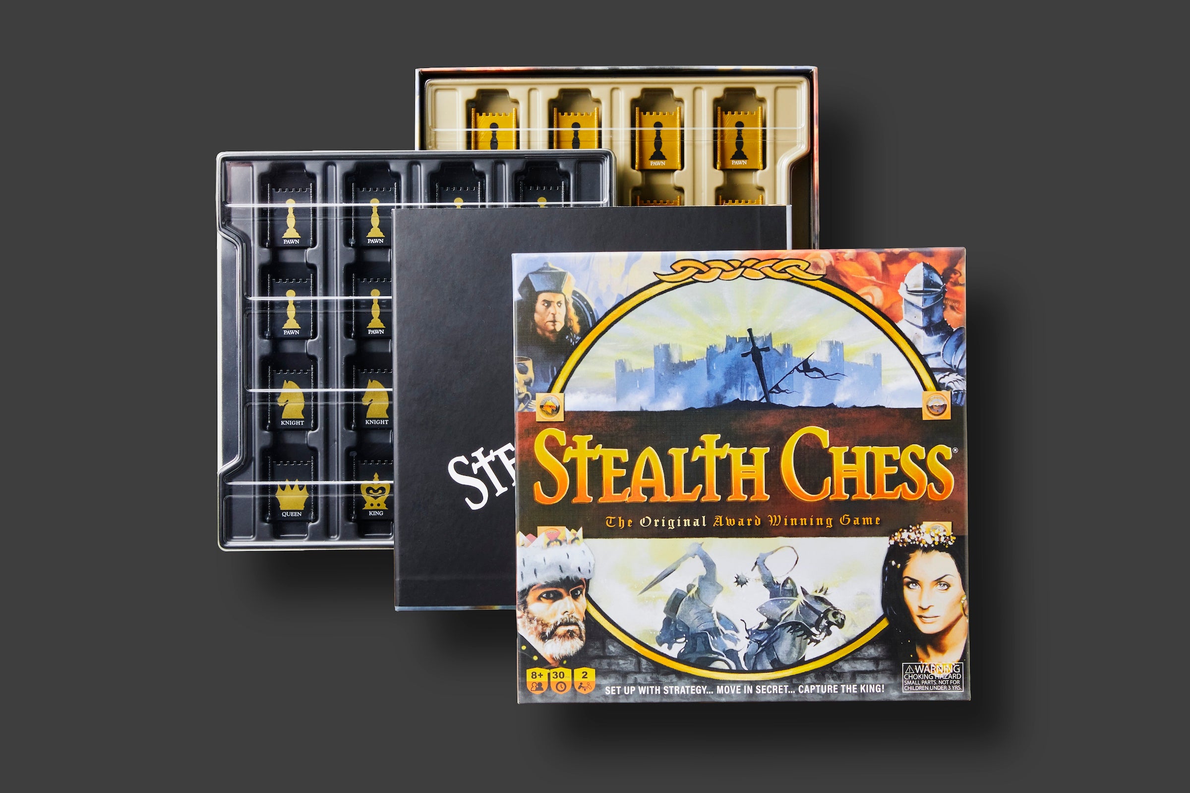 Overview of the Stealth Chess® game box and pieces.