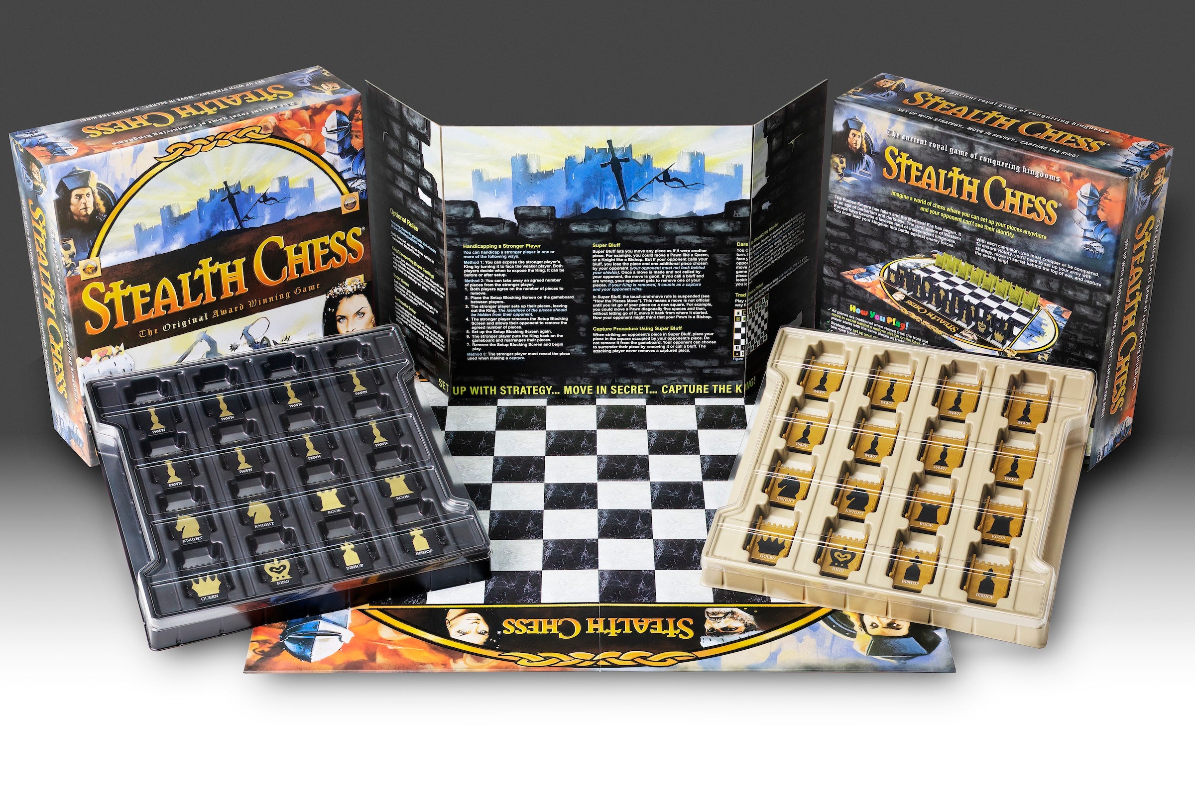 Complete Stealth Chess® game laid out in full vie, with box, rules, pieces, and gameboard.